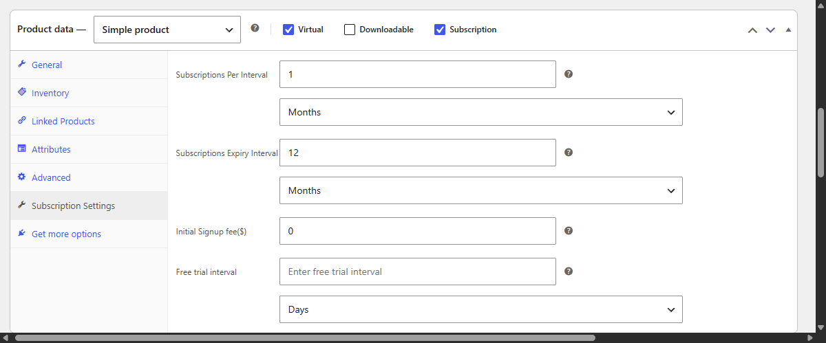 WooCommerce subscription product settings
