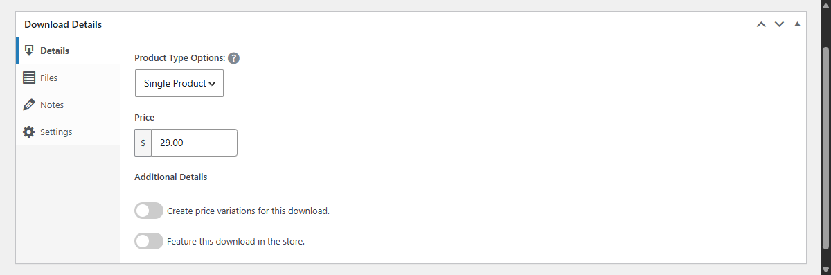 Easy Digital Downloads product settings